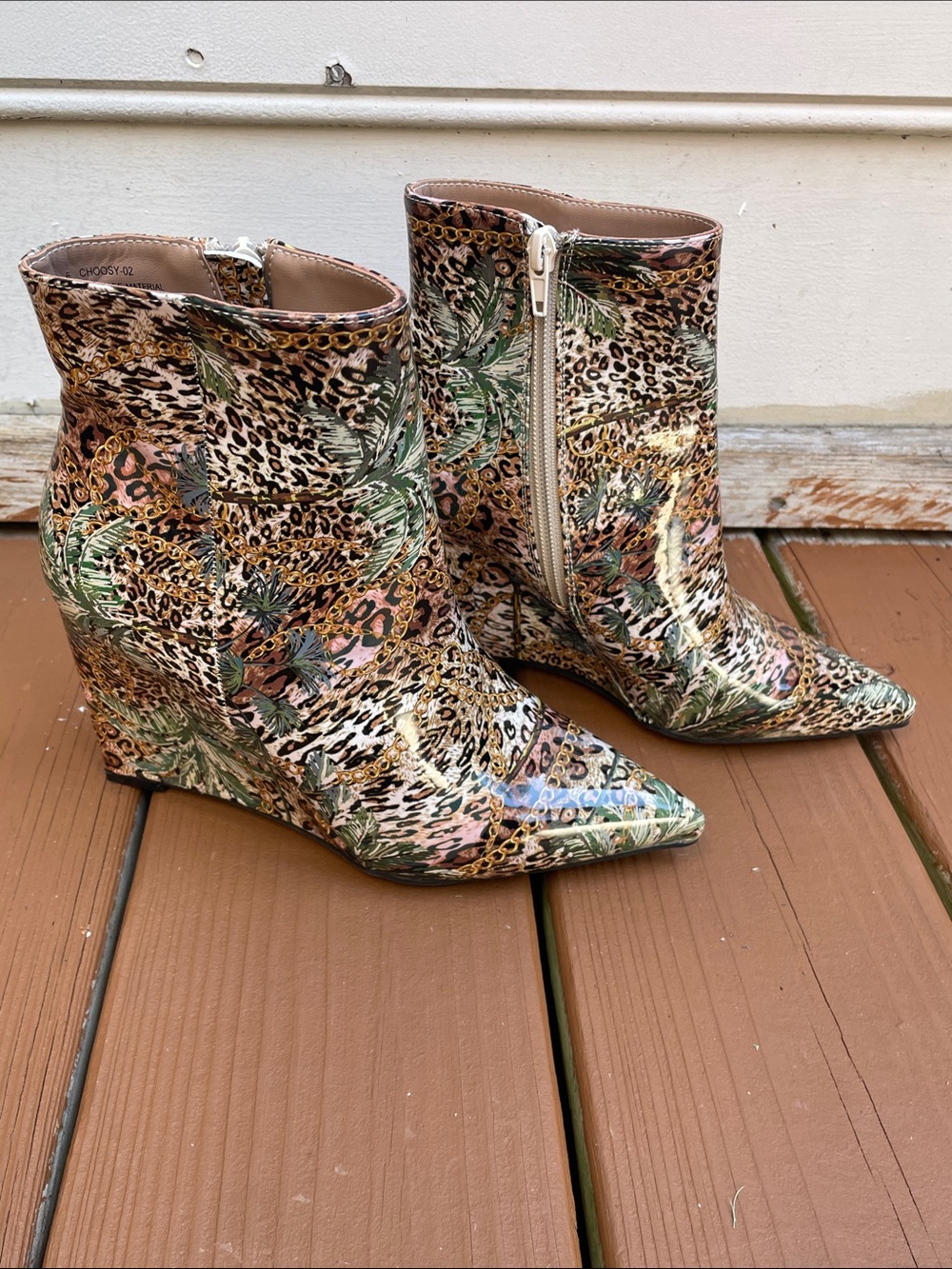 Rouge Choosy-2 Leopard Tropical Print Pointed Toe Ankle Boots Size 6